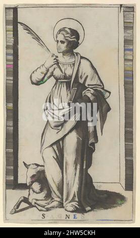 L'art inspiré par Saint Agnes debout une main de paume dans sa main droite, un mouton en bas à gauche, de la série 'Piccoli Santi' (Small Saints), ca. 1500–1527, gravure, 3 3/16 x 1 7/8 pouces (8,1 x 4,8 cm), tirages, Marcantonio Raimondi (italien, Argini (?) env. 1480–avant 1534 Bologne, les œuvres classiques modernisées par Artotop avec une touche de modernité. Formes, couleur et valeur, impact visuel accrocheur sur l'art émotions par la liberté d'œuvres d'art d'une manière contemporaine. Un message intemporel qui cherche une nouvelle direction créative. Artistes qui se tournent vers le support numérique et créent le NFT Artotop Banque D'Images