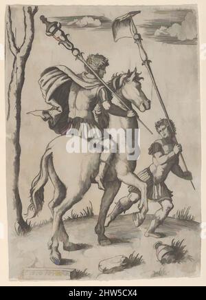 Art inspiré par Scipio Africanus à cheval précédé d'un pied-soldat tenant un standard, ca. 1500–1534, gravure, feuille : 6 11/16 × 4 3/4 po. (17 × 12 cm), tirages, Marcantonio Raimondi (italien, Argini (?) env. 1480–avant 1534 Bologne, les œuvres classiques modernisées par Artotop avec une touche de modernité. Formes, couleur et valeur, impact visuel accrocheur sur l'art émotions par la liberté d'œuvres d'art d'une manière contemporaine. Un message intemporel qui cherche une nouvelle direction créative. Artistes qui se tournent vers le support numérique et créent le NFT Artotop Banque D'Images