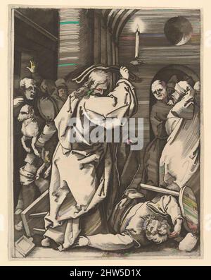 Art inspiré par le nettoyage du Temple; Christ conduisant les changeurs d'argent du temple et levant un fléau sur son épaule gauche, comme si frapper un homme sur le sol, après Dürer, ca. 1500–1534, gravure ; deuxième état de trois, feuille : 5 1/8 pouces × 4 po (13 × 10,2 cm), tirages, oeuvres classiques modernisées par Artotop avec une touche de modernité. Formes, couleur et valeur, impact visuel accrocheur sur l'art émotions par la liberté d'œuvres d'art d'une manière contemporaine. Un message intemporel qui cherche une nouvelle direction créative. Artistes qui se tournent vers le support numérique et créent le NFT Artotop Banque D'Images