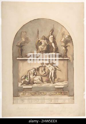 Art inspiré par le design d'un monument sépulchral divisé en deux parties avec Bas relief surmonté de statues et de décoration foliaire ci-dessous., 1826, encre de plume et marron, pinceau avec lavage gris et brun, sur des traces de graphite, feuille: 13 5/16 x 9 9/16 po. (33,8 x 24,3 cm), dessins, Guiseppe, oeuvres classiques modernisées par Artotop avec une touche de modernité. Formes, couleur et valeur, impact visuel accrocheur sur l'art émotions par la liberté d'œuvres d'art d'une manière contemporaine. Un message intemporel qui cherche une nouvelle direction créative. Artistes qui se tournent vers le support numérique et créent le NFT Artotop Banque D'Images