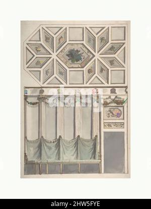 Art inspiré par le design encadré pour un intérieur architectural : plafond à cercueil avec cartouche centrale hexagonale et murs avec décoration et rideaux fleuris., 1774–1839, encre stylo et marron, pinceau et marron, gris, bleu, orange, Lavage vert, sur des traces de graphite, feuille: 16 1/2 x 11 5/8 po, oeuvres classiques modernisées par Artotop avec une touche de modernité. Formes, couleur et valeur, impact visuel accrocheur sur l'art émotions par la liberté d'œuvres d'art d'une manière contemporaine. Un message intemporel qui cherche une nouvelle direction créative. Artistes qui se tournent vers le support numérique et créent le NFT Artotop Banque D'Images