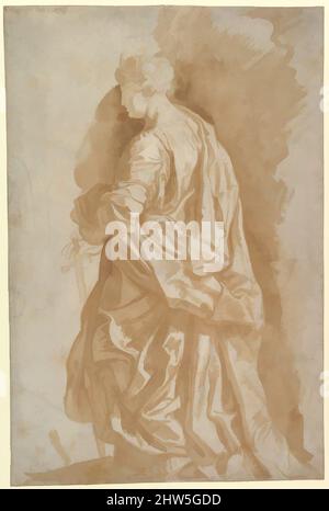 Art inspiré par l'étude d'un Saint féminin debout, s.d., brosse et lavage brun clair, sur une craie noire, sur papier gris clair; certains contours renforcés en encre de stylo et brun foncé., feuille: 18 3/8 x 12 3/16 po. (46,7 x 30,9 cm), dessins, cercle de Pierre Paul Rubens (Flamand, oeuvres classiques modernisées par Artotop avec une touche de modernité. Formes, couleur et valeur, impact visuel accrocheur sur l'art émotions par la liberté d'œuvres d'art d'une manière contemporaine. Un message intemporel qui cherche une nouvelle direction créative. Artistes qui se tournent vers le support numérique et créent le NFT Artotop Banque D'Images