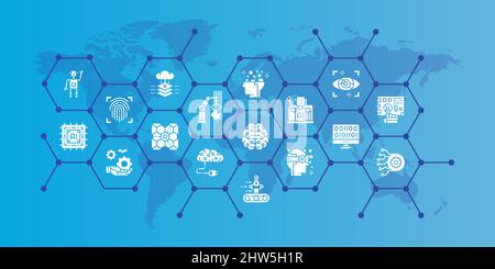 Illustration de la conception d'icônes modifiables d'Intelligence artificielle. Robotics, Chatbot, Database, Big Data icône promotion bannière pour la conception graphique de sites Web Illustration de Vecteur