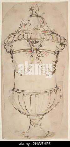 Art inspiré par le design d'un vase ladé à Gadrooned avec têtes Satyr tenant des guirlandes, 1652–1725, encre stylo et brune sur des traces de craie noire, feuille : 9 1/8 x 4 1/2 po. (23,2 x 11,5 cm), Giovanni Battista Foggini (Italien, Florence 1652–1725 Florence, oeuvres classiques modernisées par Artotop avec une touche de modernité. Formes, couleur et valeur, impact visuel accrocheur sur l'art émotions par la liberté d'œuvres d'art d'une manière contemporaine. Un message intemporel qui cherche une nouvelle direction créative. Artistes qui se tournent vers le support numérique et créent le NFT Artotop Banque D'Images