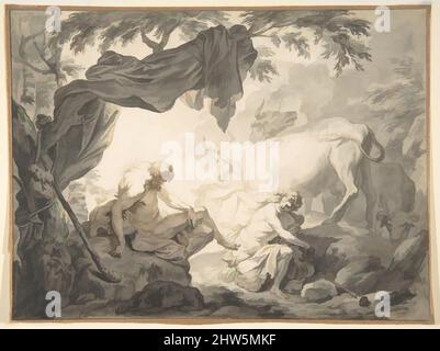 Art inspiré par des illustrations aux métamorphies d'Ovid: Jupiter et IO (.1); Jupiter et IO, déguisés en un beifer blanc (.2); Mercury sauvant IO d'Argus (.3), fin 17th siècle, craie noire, stylo et encre brune, lavage brun et gris, chaque feuille: 6 1/2 x 8 11/16 po. (16,5 x 22 cm, œuvres classiques modernisées par Artotop avec une touche de modernité. Formes, couleur et valeur, impact visuel accrocheur sur l'art émotions par la liberté d'œuvres d'art d'une manière contemporaine. Un message intemporel qui cherche une nouvelle direction créative. Artistes qui se tournent vers le support numérique et créent le NFT Artotop Banque D'Images