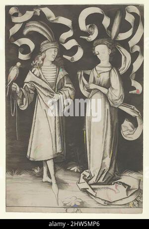 Art inspiré par la Falconer et la Dame, de la série scènes de la vie quotidienne, ca. 1495, gravure, feuille : 6 1/2 x 4 1/4 po. (16,5 x 10,8 cm), tirages, Israël van Meckenem (allemand, Meckenem ca. 1440/45–1503 Bocholt), cette représentation de l'amour courtois est la plus raffinée au sein d'Israël, œuvres classiques modernisées par Artotop avec une touche de modernité. Formes, couleur et valeur, impact visuel accrocheur sur l'art émotions par la liberté d'œuvres d'art d'une manière contemporaine. Un message intemporel qui cherche une nouvelle direction créative. Artistes qui se tournent vers le support numérique et créent le NFT Artotop Banque D'Images