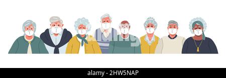 Diverses personnes âgées dans des masques médicaux.illustration vectorielle Illustration de Vecteur