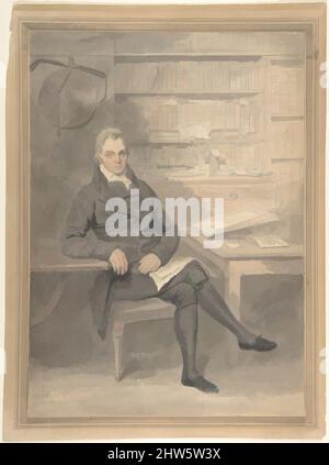 Art inspiré par Portrait of a Man, assis devant un bureau, 1795–1800, aquarelle sur graphite avec touches de gouache, feuille : 14 x 10 1/16 po (35,6 x 25,6 cm), dessins, Henry Edridge (British, Paddington, Middlesex 1769–1821 London), En 1790s, Edridge était un promoteur, les œuvres classiques modernisées par Artotop avec un peu de modernité. Formes, couleur et valeur, impact visuel accrocheur sur l'art émotions par la liberté d'œuvres d'art d'une manière contemporaine. Un message intemporel qui cherche une nouvelle direction créative. Artistes qui se tournent vers le support numérique et créent le NFT Artotop Banque D'Images