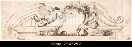 Art inspiré par le Design for a Pediment with Putti and a Blank Escutcheon, 1680–1730, stylo et encre brune, pinceau et lavage gris, sur le point de passage; quelques lignes construites avec une règle; quelques traces de craie rouge, 4 11/16 x 15 1/2 po. (11,9 x 39,4 cm), Anonyme, Italien, piémontais, 18th, Œuvres classiques modernisées par Artotop avec une touche de modernité. Formes, couleur et valeur, impact visuel accrocheur sur l'art émotions par la liberté d'œuvres d'art d'une manière contemporaine. Un message intemporel qui cherche une nouvelle direction créative. Artistes qui se tournent vers le support numérique et créent le NFT Artotop Banque D'Images