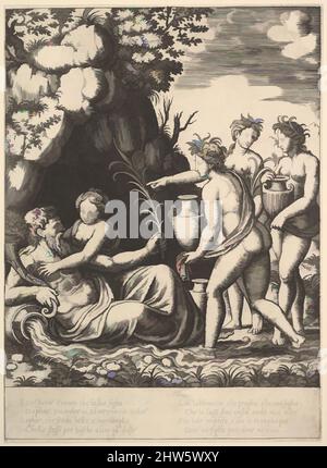 Art inspiré par Daphne embrassant son père, le Dieu-rivière Peneus, à gauche trois nymphes apportent des bocaux de la 'conservateur d'Apollon et de Daphne', 1530–60, gravure, feuille: 7 1/8 x 9 5/8 po. (18,1 x 24,4 cm) environ, estampes, Maître de la matrice (italien, active Rome, env. 1530–60, œuvres classiques modernisées par Artotop avec une touche de modernité. Formes, couleur et valeur, impact visuel accrocheur sur l'art émotions par la liberté d'œuvres d'art d'une manière contemporaine. Un message intemporel qui cherche une nouvelle direction créative. Artistes qui se tournent vers le support numérique et créent le NFT Artotop Banque D'Images