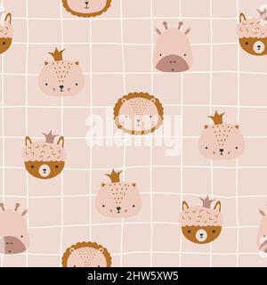 Motif sans coutures avec jolis visages animaux. Imprimé puéril pour la puériculture dans un style scandinave. Pour les vêtements de bébé, l'intérieur, l'emballage. Dessin animé vectoriel Illustration de Vecteur