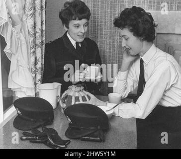 Femmes officiers de police, Pembrokeshire, West Wales, 18th avril 1967. June Roch (à gauche), âgé de 31 ans, de Bellevue Terrace, Pembroke Dock, et son amie et voisine, Ena Davies, âgée de 35 ans, sont les seules femmes constables spéciaux du sud du Pembrokeshire. Sur la photo, dégustez une petite tasse de thé avant d'aller au travail. Banque D'Images