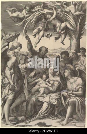 Art inspiré par le repos sur le vol en Égypte; la Sainte famille sous un palmier entouré d'anges, de putti, et d'un religieux ou d'un saint, 1578, gravure, feuille: 18 11/16 x 12 1/2 po. (47,5 x 31,7 cm), tirages, Giorgio Ghisi (italien, Mantoue ca. 1520–1582 Mantua), après Giulio Campi (, les œuvres classiques modernisées par Artotop avec une touche de modernité. Formes, couleur et valeur, impact visuel accrocheur sur l'art émotions par la liberté d'œuvres d'art d'une manière contemporaine. Un message intemporel qui cherche une nouvelle direction créative. Artistes qui se tournent vers le support numérique et créent le NFT Artotop Banque D'Images