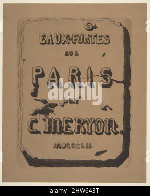 Art inspiré par les gravures de Paris; page de titre de la suite, 1852, Etching sur papier vélin brun; premier état, assiette: 6 1/2 x 4 15/16 po. (16,5 x 12,5 cm), Prints, Charles Meryon (français, 1821–1868), Charles Meryon a été célébré chez les artistes et les collectionneurs pendant le dix-neuvième, les œuvres classiques modernisées par Artotop avec une touche de modernité. Formes, couleur et valeur, impact visuel accrocheur sur l'art émotions par la liberté d'œuvres d'art d'une manière contemporaine. Un message intemporel qui cherche une nouvelle direction créative. Artistes qui se tournent vers le support numérique et créent le NFT Artotop Banque D'Images