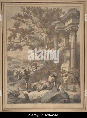 Art inspiré par Silvio approche Dorinda qu'il a blessé avec une flèche (il Pastor Fido, acte IV, scène 8), ca. 1700, stylo et encre brune, lavage gris, rehaussé de gouache blanc; ligne de cadrage au stylo et à l'encre brune, par l'artiste; incisé pour transfert, feuille: 10 3/8 × 7 15/16 po. (26., oeuvres classiques modernisées par Artotop avec une touche de modernité. Formes, couleur et valeur, impact visuel accrocheur sur l'art émotions par la liberté d'œuvres d'art d'une manière contemporaine. Un message intemporel qui cherche une nouvelle direction créative. Artistes qui se tournent vers le support numérique et créent le NFT Artotop Banque D'Images