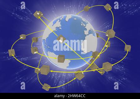 Illustration 3D. Expédition dans le monde entier. Les colis tournent autour du globe pour être livrés. Banque D'Images