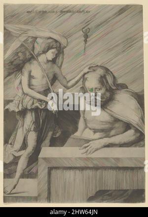 Art inspiré par l'Ange gardien: Un ange à gauche plaçant sa main sur la tête d'un homme endormi assis, ca. 1500–1503, gravure, plaque : 8 5/8 x 6 1/16 po. (21,9 x 15,4 cm) à l'assiette, estampes, Jacopo de' Barbari (italien, actif Venise par 1497–mort par 1516 Malines ou Bruxelles, oeuvres classiques modernisées par Artotop avec une touche de modernité. Formes, couleur et valeur, impact visuel accrocheur sur l'art émotions par la liberté d'œuvres d'art d'une manière contemporaine. Un message intemporel qui cherche une nouvelle direction créative. Artistes qui se tournent vers le support numérique et créent le NFT Artotop Banque D'Images