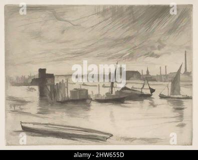 Art inspiré par tôt le matin, Battersea (Battersea Dawn) (Cadogan Pier), 1861, Etching et point sec; deuxième état de deux (Glasgow); imprimé à l'encre noire sur papier ivoire posé, plaque: 4 1/2 x 5 7/8 po. (11,4 x 14,9 cm), Prints, James McNeill Whistler (American, Lowell, Massachusetts 1834, œuvres classiques modernisées par Artotop avec une touche de modernité. Formes, couleur et valeur, impact visuel accrocheur sur l'art émotions par la liberté d'œuvres d'art d'une manière contemporaine. Un message intemporel qui cherche une nouvelle direction créative. Artistes qui se tournent vers le support numérique et créent le NFT Artotop Banque D'Images