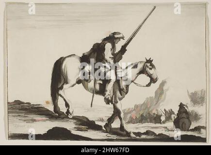 Art inspiré par la planche 12 : un soldat à cheval, tenant un mousquet dans sa main droite, en profil descendant une pente vers la droite, d'autres soldats à cheval vers la droite en arrière-plan, d'après « Various Figures » (diversité des figures), 1642, gravure; État inconnu (clippé, oeuvres classiques modernisées par Artotop avec une touche de modernité. Formes, couleur et valeur, impact visuel accrocheur sur l'art émotions par la liberté d'œuvres d'art d'une manière contemporaine. Un message intemporel qui cherche une nouvelle direction créative. Artistes qui se tournent vers le support numérique et créent le NFT Artotop Banque D'Images