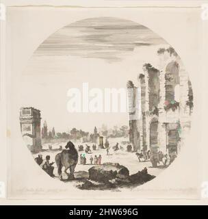 Art inspiré par la planche 9: L'Arche de Constantine à gauche, vue de côté, partie du Colisée à droite, divers chevaux et figures en premier plan et en arrière-plan, une composition ronde, de 'paysages romains et ruines' (Paysages et ruines de Rome), ca. 1646, Etching, plaque: 5 1/16, oeuvres classiques modernisées par Artotop avec une touche de modernité. Formes, couleur et valeur, impact visuel accrocheur sur l'art émotions par la liberté d'œuvres d'art d'une manière contemporaine. Un message intemporel qui cherche une nouvelle direction créative. Artistes qui se tournent vers le support numérique et créent le NFT Artotop Banque D'Images