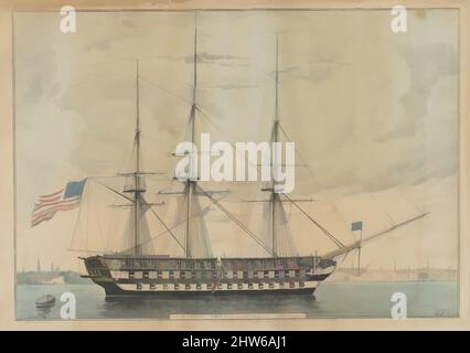 Art inspiré par U. S. Ship North Carolina, 102 canons, 1843, lithographie couleur main, image : 9 1/8 x 13 1/8 po. (23,2 x 33,4 cm), tirages, Napoleon Sarony (né au Canada), Québec 1821–1896 New York), Un imprimé marin. Un navire à trois mâts face à un drapeau américain en vol, Classic œuvres modernisées par Artotop avec une touche de modernité. Formes, couleur et valeur, impact visuel accrocheur sur l'art émotions par la liberté d'œuvres d'art d'une manière contemporaine. Un message intemporel qui cherche une nouvelle direction créative. Artistes qui se tournent vers le support numérique et créent le NFT Artotop Banque D'Images