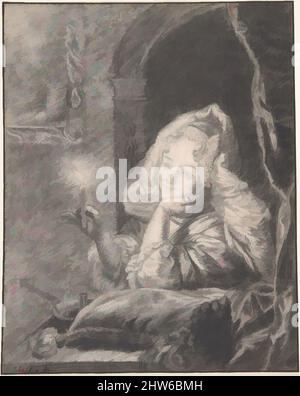 Art inspiré par une jeune femme assise à une table, tenant une bougie, fin du 17th siècle, craie noire. Ligne de cadrage au stylo et à l'encre brune, feuille : 10 3/16 x 8 1/8 po. (25,9 x 20,7 cm), dessins, Godfried Schalcken (néerlandais, fait 1643–1706 la Haye, œuvres classiques modernisées par Artotop avec une touche de modernité. Formes, couleur et valeur, impact visuel accrocheur sur l'art émotions par la liberté d'œuvres d'art d'une manière contemporaine. Un message intemporel qui cherche une nouvelle direction créative. Artistes qui se tournent vers le support numérique et créent le NFT Artotop Banque D'Images