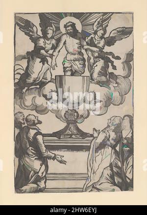 Art inspiré par le Triumph de l'Eucharistie, Christ comme l'Homme des Sorrows soutenu par deux anges debout dans un calice, ca. 1550–1600, coupe de bois, feuille : 10 1/2 × 6 15/16 po (26,6 × 17,7 cm), tirages, anonymes, italien, 16th siècle, Œuvres classiques modernisées par Artotop avec une touche de modernité. Formes, couleur et valeur, impact visuel accrocheur sur l'art émotions par la liberté d'œuvres d'art d'une manière contemporaine. Un message intemporel qui cherche une nouvelle direction créative. Artistes qui se tournent vers le support numérique et créent le NFT Artotop Banque D'Images