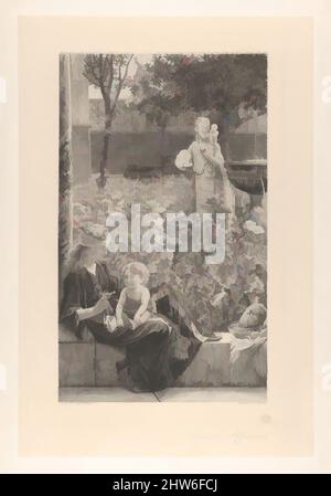 Art inspiré par les affections enfantine, 1883, gravure sur le collage de chine, feuille de collage de chine : 16 3/4 x 11 1/4 po. (42,5 x 28,5 cm), estampes, après Sir Lawrence Alma-Tadema (Britannique (né les pays-Bas), Dronnrijp 1836–1912 Wiesbaden), Une jeune femme romaine offre à son bébé une poupée, après le bain, des œuvres classiques modernisées par Artotop avec un peu de modernité. Formes, couleur et valeur, impact visuel accrocheur sur l'art émotions par la liberté d'œuvres d'art d'une manière contemporaine. Un message intemporel qui cherche une nouvelle direction créative. Artistes qui se tournent vers le support numérique et créent le NFT Artotop Banque D'Images