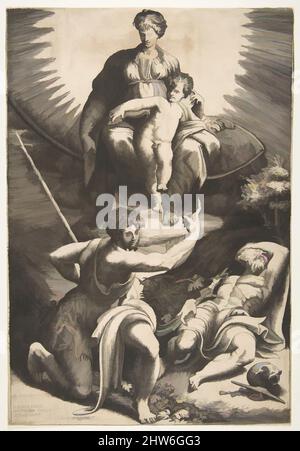 Art inspiré par la vision de Saint-Jérôme qui est endormi en bas à droite, la Vierge et l'enfant apparaissent ci-dessus étant pointés par Saint-Jean-Baptiste, 1531–76, gravure, feuille : 14 3/16 × 9 1/2 po. (36 × 24,2 cm), Prints, Giulio Bonasone (italien, active Rome et Bologne, 1531–, œuvres classiques modernisées par Artotop avec une touche de modernité. Formes, couleur et valeur, impact visuel accrocheur sur l'art émotions par la liberté d'œuvres d'art d'une manière contemporaine. Un message intemporel qui cherche une nouvelle direction créative. Artistes qui se tournent vers le support numérique et créent le NFT Artotop Banque D'Images