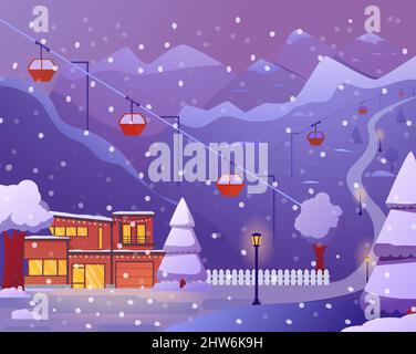 Station de ski avec hôtel, téléphérique.chute de neige, montagnes en hiver. Illustration de Vecteur