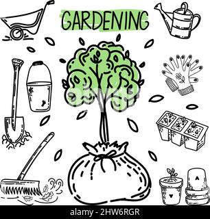 Un ensemble de jardinage, des éléments dessinés à la main de style de caniche. Plantation de jeunes arbres. Travail dans le jardin. Outils pour le jardin. Style de vecteur linéaire simple pour l Illustration de Vecteur