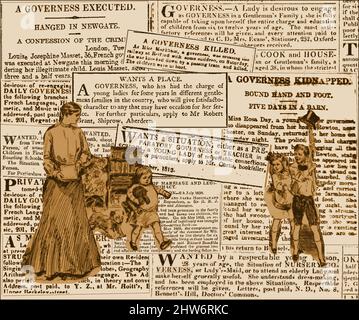 GOVERNESS -Une collection de coupures de presse britanniques montrant leurs modes de vie variés. Les termes gouvernante et nounou étaient interchangeables, bien que beaucoup dépende du degré d'instruction qu'elle a fait. Bien que parfois considéré comme faisant partie de la famille, d'autres étaient confinés à leur propre chambre et souffraient de solitude en raison des règles de leur emploi. Dans les grands ménages où ils ont été en grande partie mécontents et rejetés par d'autres serviteurs. Ils étaient essentiellement un serviteur, bien que certains cherchaient à élever leurs propres postes en raison de leur propre classe sociale et de leur contexte qui était souvent bien au-dessus de celui des autres serviteurs. Banque D'Images