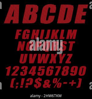 Alphabet, lettres, chiffres et signes de bandes rouges. Objets vectoriels isolés sur fond noir. Illustration de Vecteur
