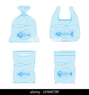 Jeu d'illustrations bleues avec ombre des sacs en plastique, emballage avec poisson et squelettes. Objets vectoriels isolés sur fond blanc. Illustration de Vecteur