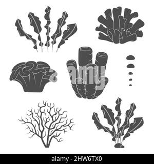 Jeu d'illustrations en noir et blanc avec coraux et algues.Objets vectoriels isolés sur fond blanc. Illustration de Vecteur