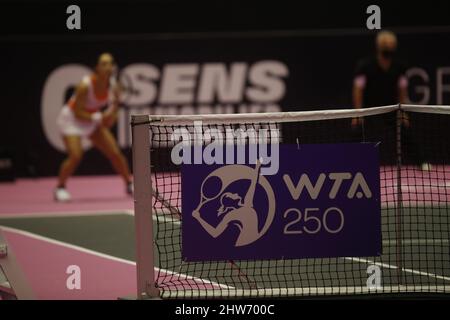 Illustration logo WTA 250 lors de l'Open 6eme sens, Metropole de Lyon 2022, tournoi de tennis WTA 250 le 3 mars 2022 au Palais des Sports de Gerland à Lyon, France - photo: Romain Biard/DPPI/LiveMedia Banque D'Images