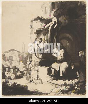 Art inspiré par le Christ et la femme de Samarie parmi les ruines (copie inversée), 1824–26, Etching, estampes, William James Smith (britannique, active Londres 1824–26), après Rembrandt (Rembrandt van Rijn) (néerlandais, Leiden 1606–1669 Amsterdam, œuvres classiques modernisées par Artotop avec une touche de modernité. Formes, couleur et valeur, impact visuel accrocheur sur l'art émotions par la liberté d'œuvres d'art d'une manière contemporaine. Un message intemporel qui cherche une nouvelle direction créative. Artistes qui se tournent vers le support numérique et créent le NFT Artotop Banque D'Images