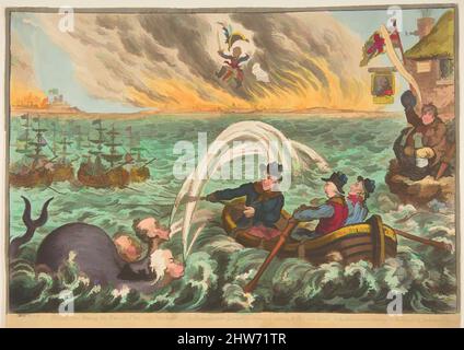 Art inspiré par la British TARS Towing the Danish Fleet into Harbour ; The Broad-Boat Sing Billy's Old Boat, and the Little Corsican tottering on the Clouds of ambition, 1 octobre 1807, gravure en couleur main, feuille (impression clippée) : 9 3/4 x 13 5/8 po. (24,8 x 34,6 cm, œuvres classiques modernisées par Artotop avec une touche de modernité. Formes, couleur et valeur, impact visuel accrocheur sur l'art émotions par la liberté d'œuvres d'art d'une manière contemporaine. Un message intemporel qui cherche une nouvelle direction créative. Artistes qui se tournent vers le support numérique et créent le NFT Artotop Banque D'Images