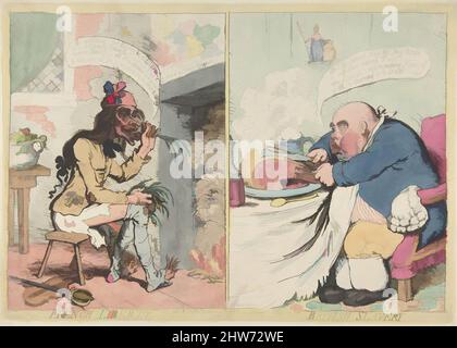 Art inspiré par la liberté française. British Slavery, 21 décembre 1792, gravure couleur main, plaque : 9 13/16 x 14 po. (24,9 x 35,5 cm), Prints, James Gillray (britannique, Chelsea 1756–1815 Londres), Un Français en lambeaux se réchauffe les pieds à un feu de maigre tout en dînant sur des échalotes brutes et en direct, les œuvres classiques modernisées par Artotop avec une touche de modernité. Formes, couleur et valeur, impact visuel accrocheur sur l'art émotions par la liberté d'œuvres d'art d'une manière contemporaine. Un message intemporel qui cherche une nouvelle direction créative. Artistes qui se tournent vers le support numérique et créent le NFT Artotop Banque D'Images