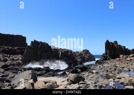 Vue panoramique sur la plage rocheuse de Bombo contre le paysage marin bleu lors d'une journée ensoleillée à Kiama, en Australie Banque D'Images