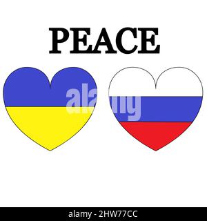 Le drapeau de l'Ukraine et le drapeau de la Russie en forme de coeur avec le message paix - illustration Banque D'Images