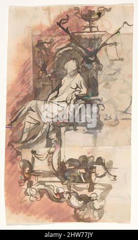 Art inspiré par le design d'un monument sépulchral avec une figure de femme assise ; verso : Design pour une statue d'un homme debout et fragment d'une lettre, fin 17th–début 18th siècle, stylo et encre brune, sur la craie rouge et noir ou de la craie ou du graphite, rouge et brun lavage, un peu de blanc, les œuvres classiques modernisées par Artotop avec une touche de modernité. Formes, couleur et valeur, impact visuel accrocheur sur l'art émotions par la liberté d'œuvres d'art d'une manière contemporaine. Un message intemporel qui cherche une nouvelle direction créative. Artistes qui se tournent vers le support numérique et créent le NFT Artotop Banque D'Images