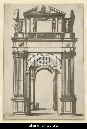 Art inspiré par l'arche de Triumphal surmontée par une femme assise sur un dauphin, quatre figures debout ci-dessous, une décoration temporaire pour l'entrée du Pape Clément VIII à Bologne en 1598, 1598, Etching, feuille (taillé): 8 11/16 × 6 3/16 po. (22,1 × 15,7 cm), Guido Reni (Italien, Bologne 1575–, oeuvres classiques modernisées par Artotop avec une touche de modernité. Formes, couleur et valeur, impact visuel accrocheur sur l'art émotions par la liberté d'œuvres d'art d'une manière contemporaine. Un message intemporel qui cherche une nouvelle direction créative. Artistes qui se tournent vers le support numérique et créent le NFT Artotop Banque D'Images