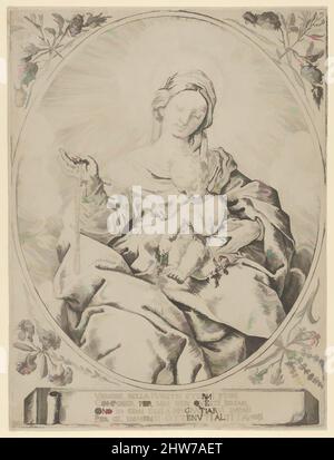 Art inspiré par la Vierge assis tenant un rosaire dans sa main droite, le bébé Christ sur ses genoux tenant plusieurs rosaires, dans un cadre ovale avec des fleurs l'entourant et un comprimé avec inscription à la base, 17th siècle, Etching, feuille (taillé): 10 5/16 × 7 13/16 po. (26,2 × 19., œuvres classiques modernisées par Artotop avec une touche de modernité. Formes, couleur et valeur, impact visuel accrocheur sur l'art émotions par la liberté d'œuvres d'art d'une manière contemporaine. Un message intemporel qui cherche une nouvelle direction créative. Artistes qui se tournent vers le support numérique et créent le NFT Artotop Banque D'Images