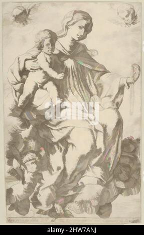 Art inspiré par la Vierge dans les nuages tenant un rosaire dans sa main gauche et embrassant le bébé Christ, qui tient également un rosaire, les anges qui les entourent, ca. 1630–60, Décapage, feuille (rognée) : 8 11/16 × 5 5/16 po. (22 × 13,5 cm), tirages, Lorenzo Loli (italien, Bologne ca. 1612–1691, œuvres classiques modernisées par Artotop avec une touche de modernité. Formes, couleur et valeur, impact visuel accrocheur sur l'art émotions par la liberté d'œuvres d'art d'une manière contemporaine. Un message intemporel qui cherche une nouvelle direction créative. Artistes qui se tournent vers le support numérique et créent le NFT Artotop Banque D'Images