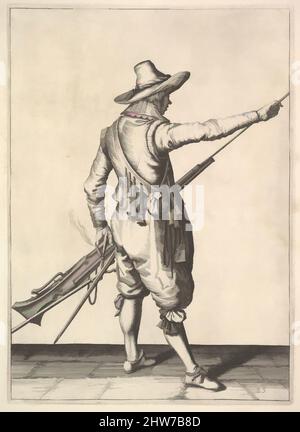 Art inspiré par Un soldat tirant le ramrod de son détenteur, de la série Musketeers, plaque 25, dans Wapenhandelinghe van Roers Musquetten Ende Spiessen (l'exercice des armes), gravure; deuxième état de trois (New Hollstein), plaque: 10 1/2 x 7 9/16 po. (26,7 x 19,2 cm), tirages, oeuvres classiques modernisées par Artotop avec une touche de modernité. Formes, couleur et valeur, impact visuel accrocheur sur l'art émotions par la liberté d'œuvres d'art d'une manière contemporaine. Un message intemporel qui cherche une nouvelle direction créative. Artistes qui se tournent vers le support numérique et créent le NFT Artotop Banque D'Images