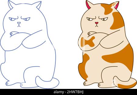Ensemble de deux animaux personnage Angry FAT chat pois dessin à plat et de style contour Illustration de Vecteur