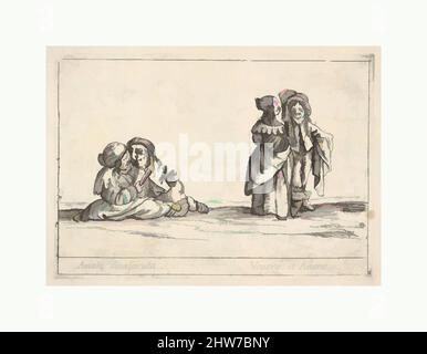 Art inspiré par les figures de Callot; deux amants nains assis à gauche, la femme tenant un ventilateur, une vieille femme naine, en profil vers la droite, debout avec un homme nain avec de longs cheveux à droite, de 'six pièces de chiffres grotesques', 1684, Etching, plaque: 5 3/8 x 7 5/8, œuvres classiques modernisées par Artotop avec une touche de modernité. Formes, couleur et valeur, impact visuel accrocheur sur l'art émotions par la liberté d'œuvres d'art d'une manière contemporaine. Un message intemporel qui cherche une nouvelle direction créative. Artistes qui se tournent vers le support numérique et créent le NFT Artotop Banque D'Images