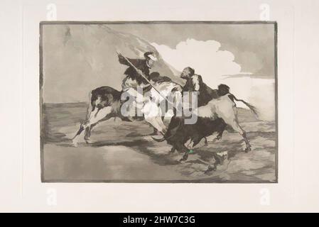 Art inspiré par la planche 1 de 'la Tauromaquia': La façon dont les anciens Espagnols chassaient des taureaux à cheval dans le pays ouvert, 1816, Etching, l'aquatint bruni, et le point sec, Plaque : 9 3/4 x 13 3/4 po. (24,8 x 35 cm), Prints, Goya (Francisco de Goya y Lucientes) (espagnol, oeuvres classiques modernisées par Artotop avec une touche de modernité. Formes, couleur et valeur, impact visuel accrocheur sur l'art émotions par la liberté d'œuvres d'art d'une manière contemporaine. Un message intemporel qui cherche une nouvelle direction créative. Artistes qui se tournent vers le support numérique et créent le NFT Artotop Banque D'Images