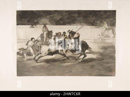 Art inspiré par la planche 28 de la 'Tauromaquia': La foreuse Rendon lache un taureau avec la pique, d'où il meurt dans l'anneau à Madrid., 1816, Etching, l'aquatinte bruni et le burin, plaque: 9 3/4 × 13 11/16 po. (24,7 × 34,8 cm), Prints, Goya (Francisco de Goya y Lucientes) (, oeuvres classiques modernisées par Artotop avec un peu de modernité. Formes, couleur et valeur, impact visuel accrocheur sur l'art émotions par la liberté d'œuvres d'art d'une manière contemporaine. Un message intemporel qui cherche une nouvelle direction créative. Artistes qui se tournent vers le support numérique et créent le NFT Artotop Banque D'Images